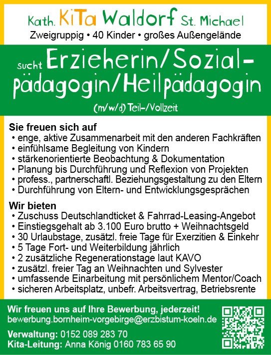 Stelllenanzeige ErzieherIn Kita Waldorf